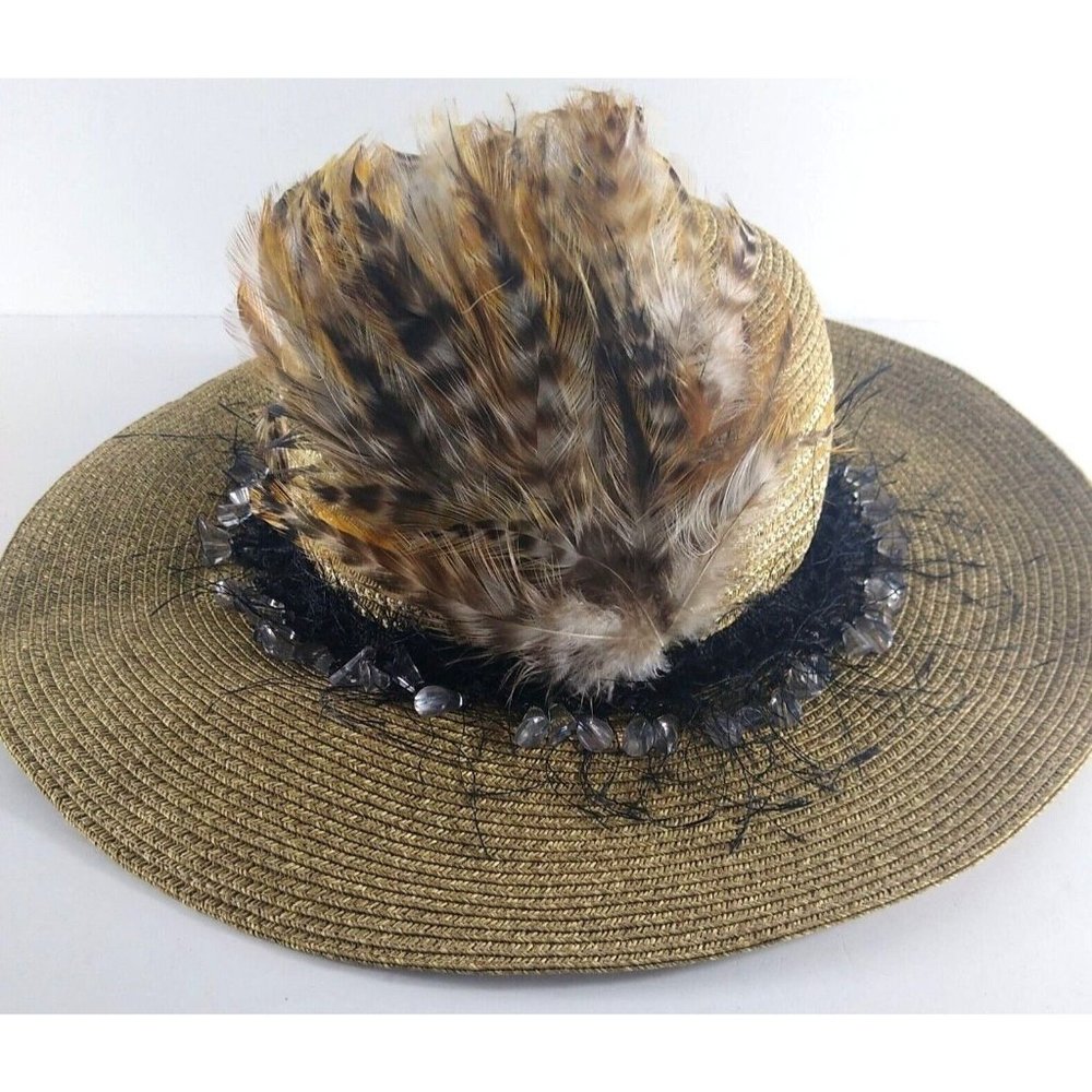Women's Floppy Sun Hat Pheasant Feathers Beaded Fringe Wide Brim Boho Festival